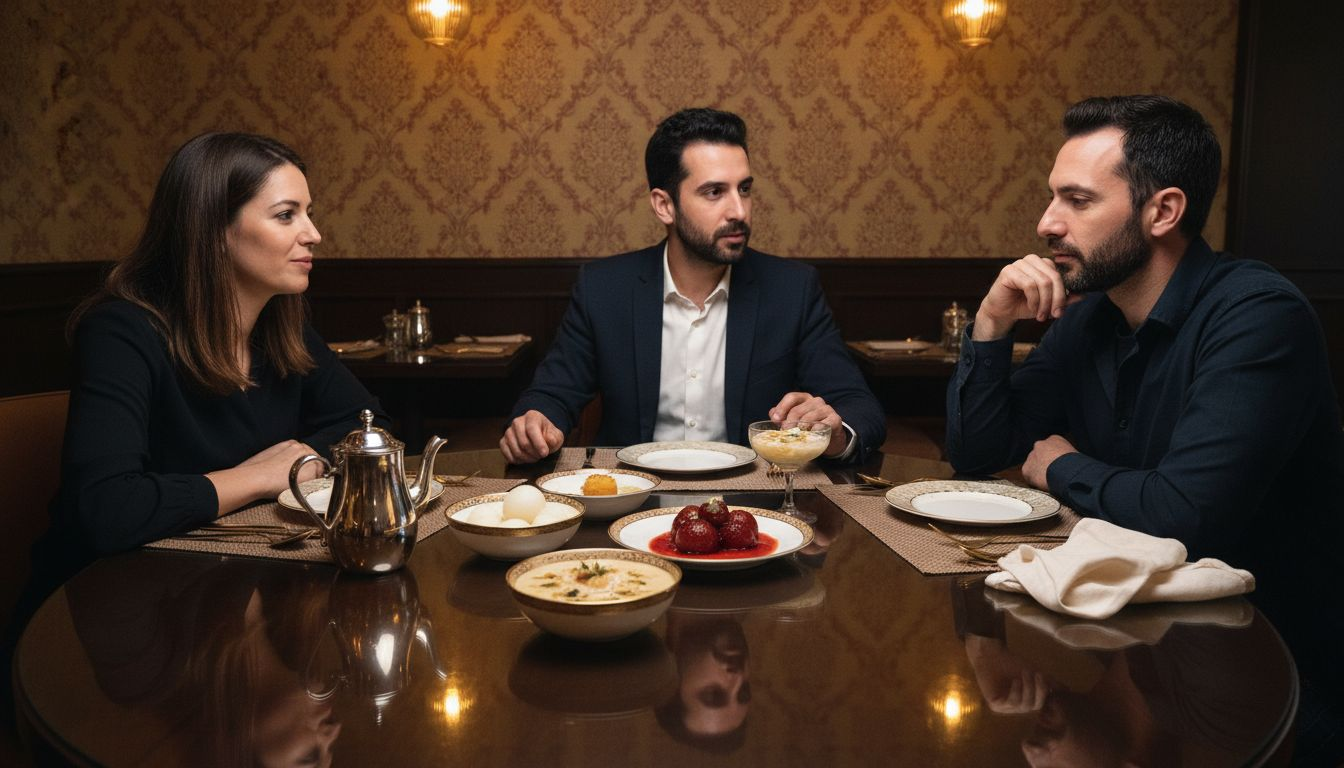 Diners sharing Indian desserts in Dubai restaurant