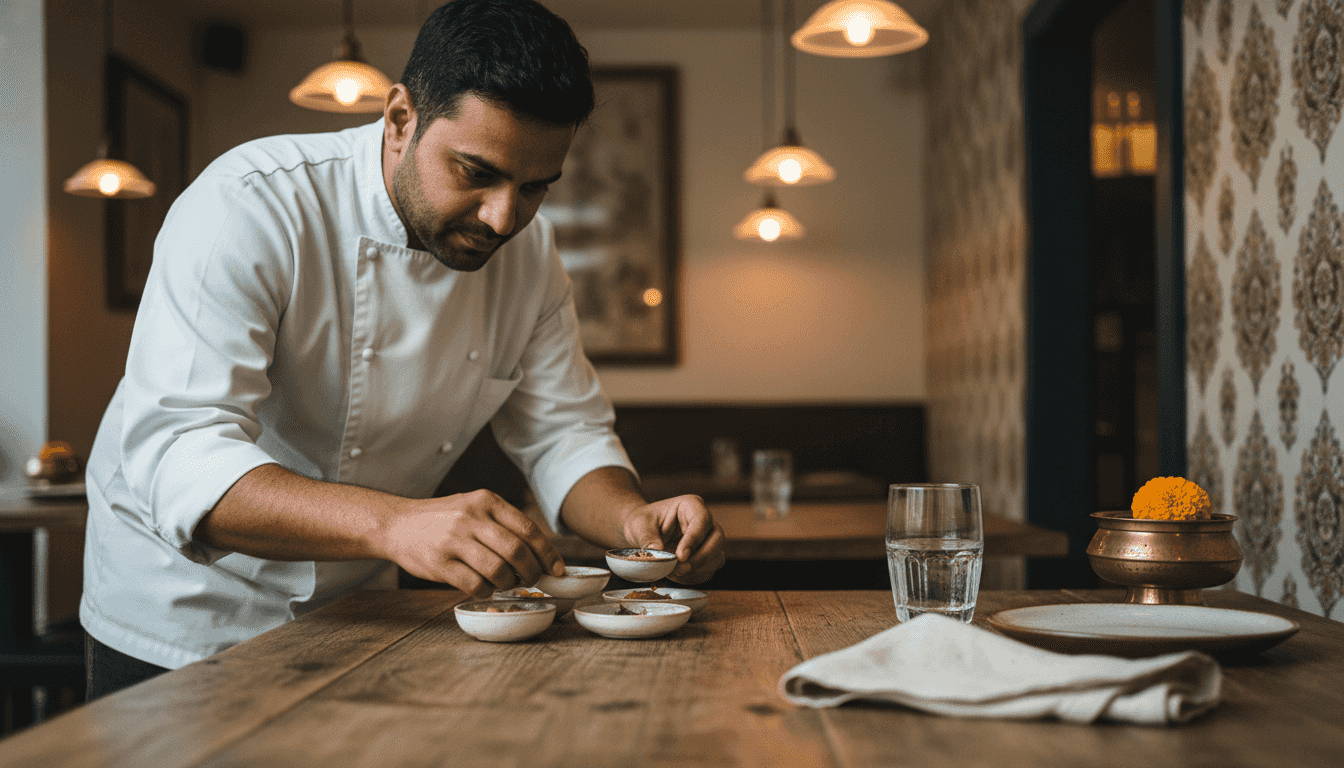 Chef arranging Indian tasting menu plates